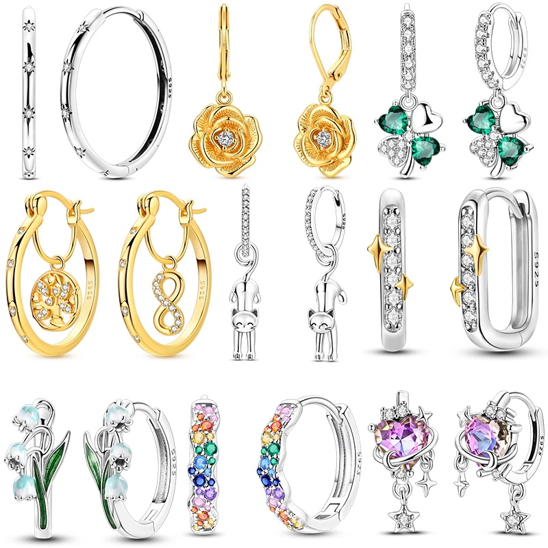 Golden Inner-Hanging Tree Life Infinite Earrings 925 Sterling Silver Pave CZ Star Moon Hoop Earrings Engagement Wedding Jewelry