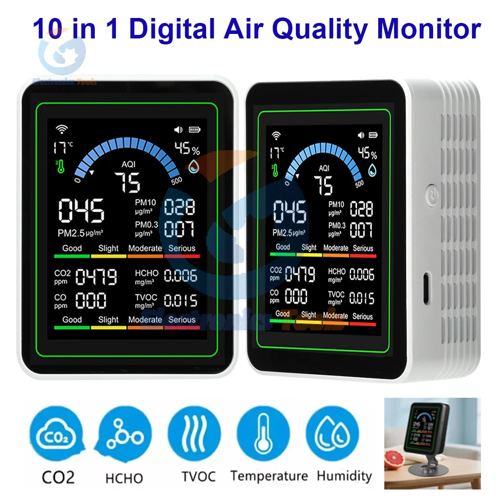

Air Quality Monitor 10 in 1 Tuya WIFI Real Time Control CO2 PM1.0 PM2.5 PM10 Formaldehyde Detector Temperature Humidity Meter