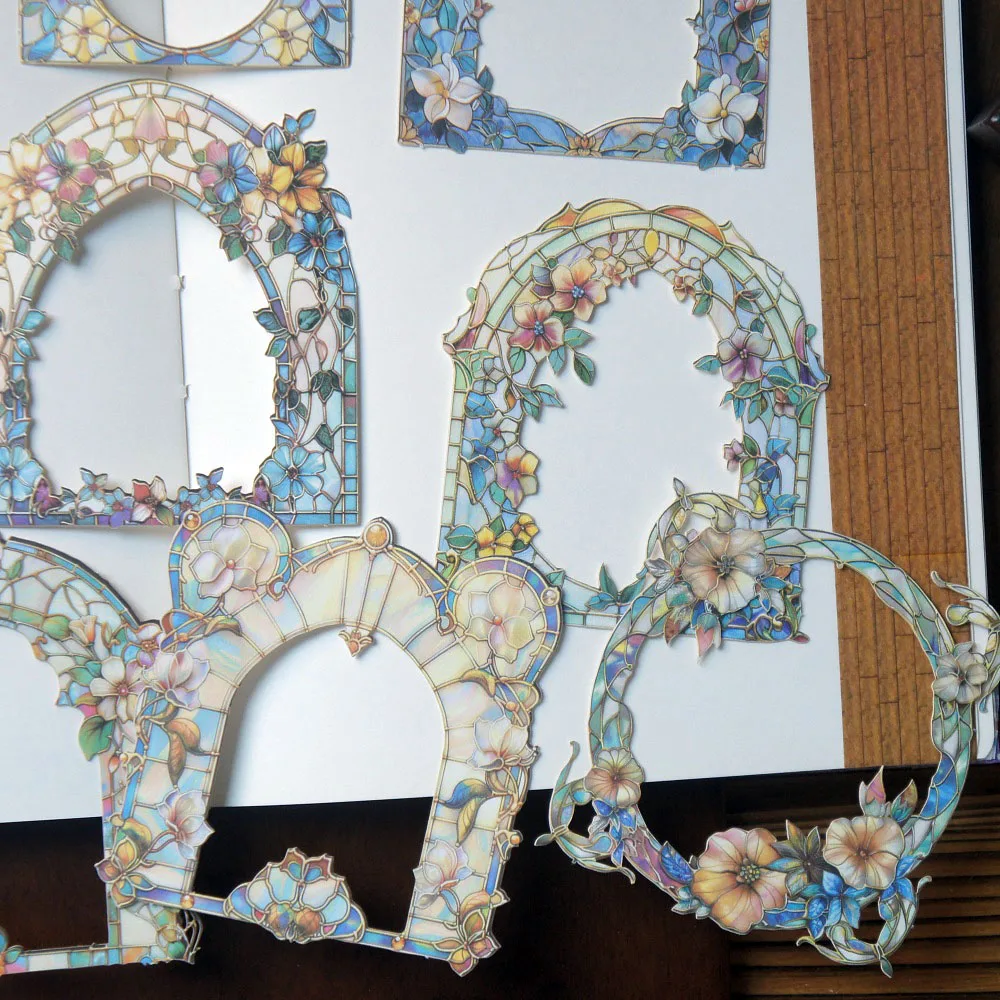 

10 Pcs Colored Glass Door Window Frame Style Hard Paper Sticker Scrapbooking DIY Gift Decoration Tag