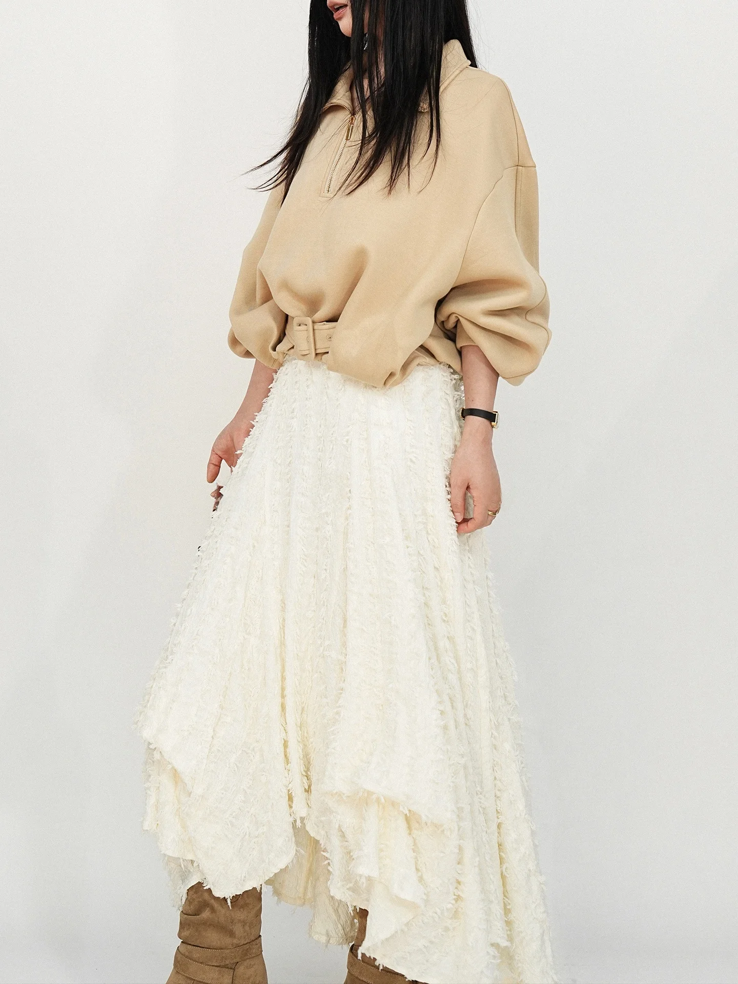 QCEO Heavyweight Retro Asymmetrical A-Line Skirt with Fringe Half-length Autumn Winter Casual Polyester Blend Skirts