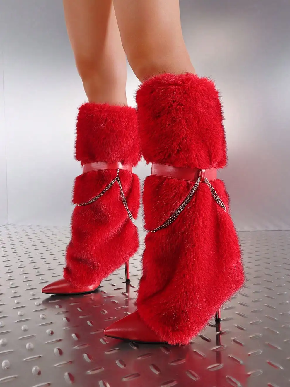 

Women's Fuzzy Pointy Toe Skiny Heel Knee-High Boots Metal Chain Decor Faux Fur High Heels Sexy Party Fashion Shoes Autumn Winter