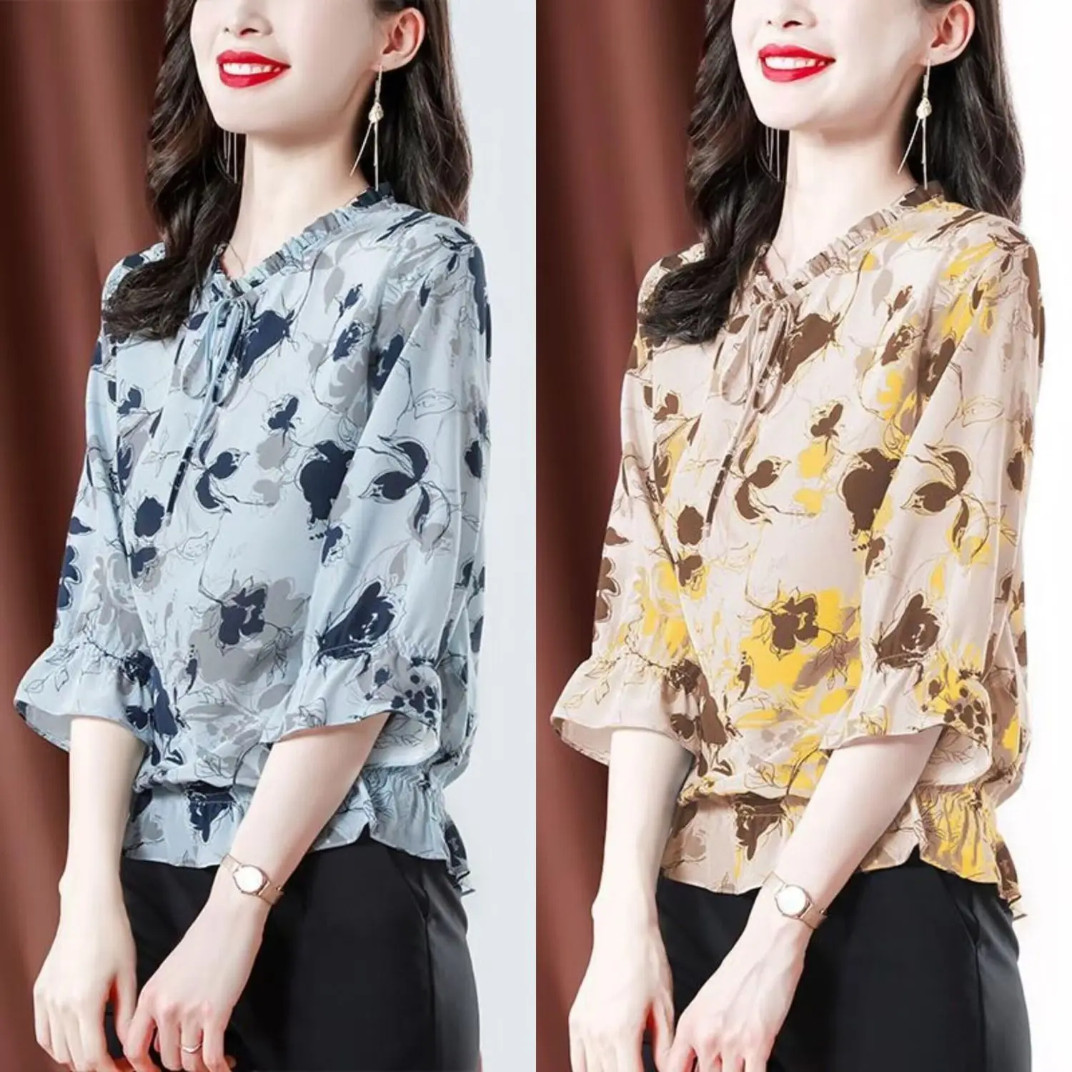 New Western Style Shirt for Women Floral Casual Niche Thick Bubble Sleeve Top