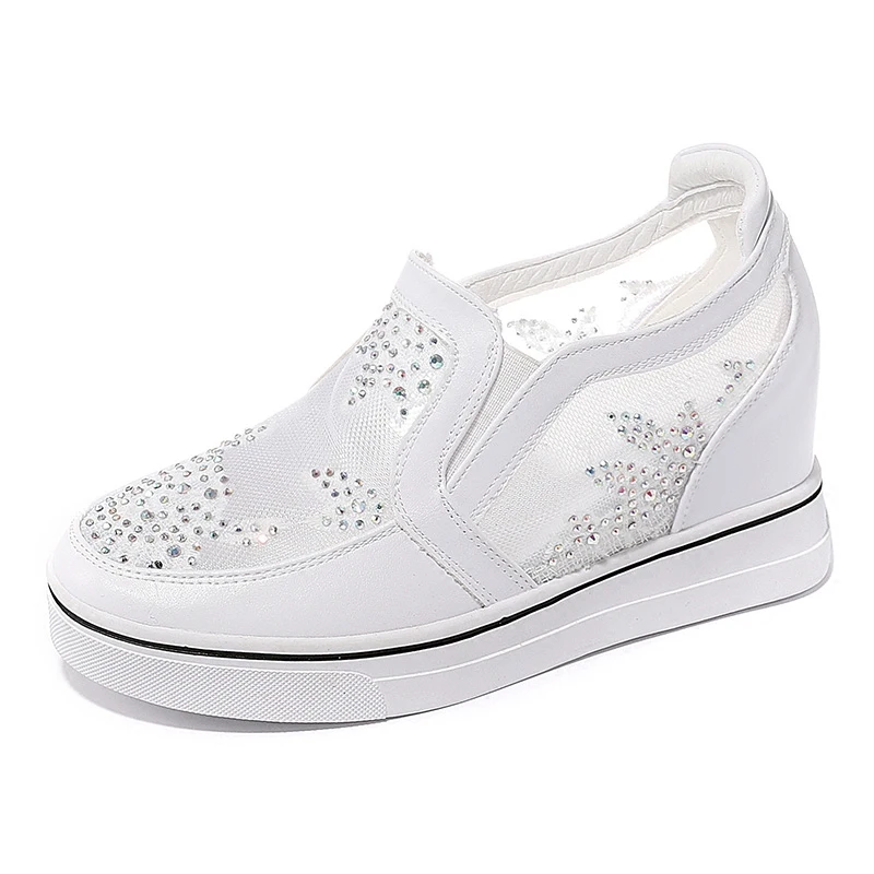 Comfortable Women Loafers Shoes Lace Slip On Walking Shoes White Sneakers Casual Shoes Ballet Flats Platform Shoes Rhinestone