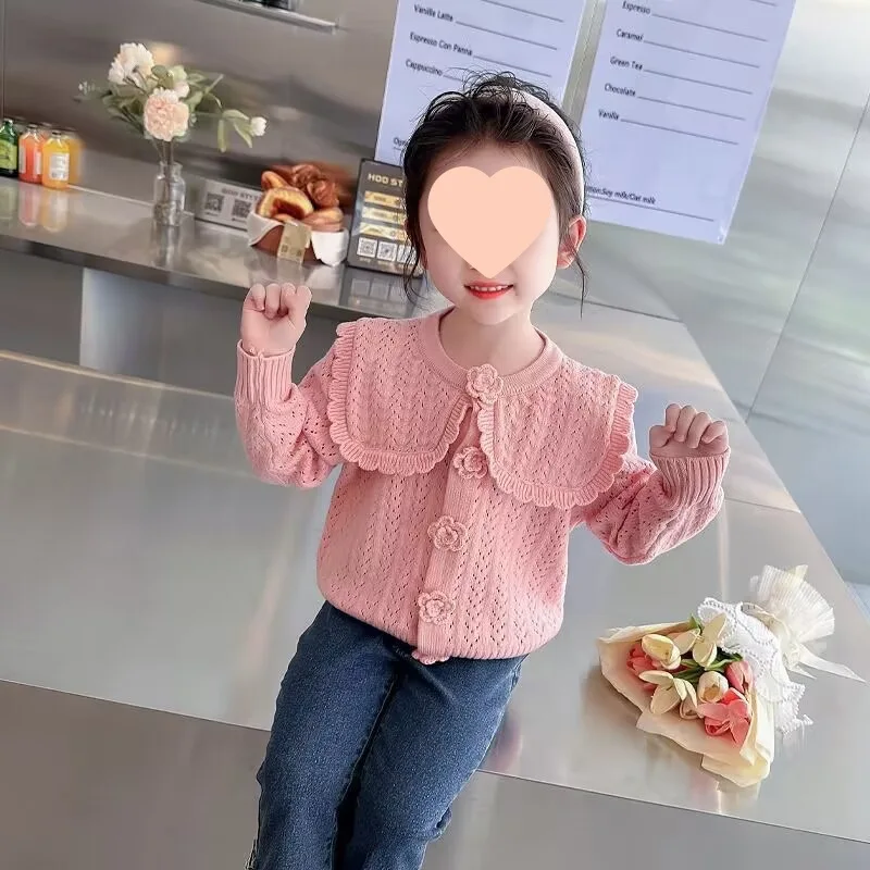 

Свитер для девочек, свитер корейской версии, Новинка весна-осень 2024, детский Модный кардиган с кукольным воротником, топ, свитер, одежда