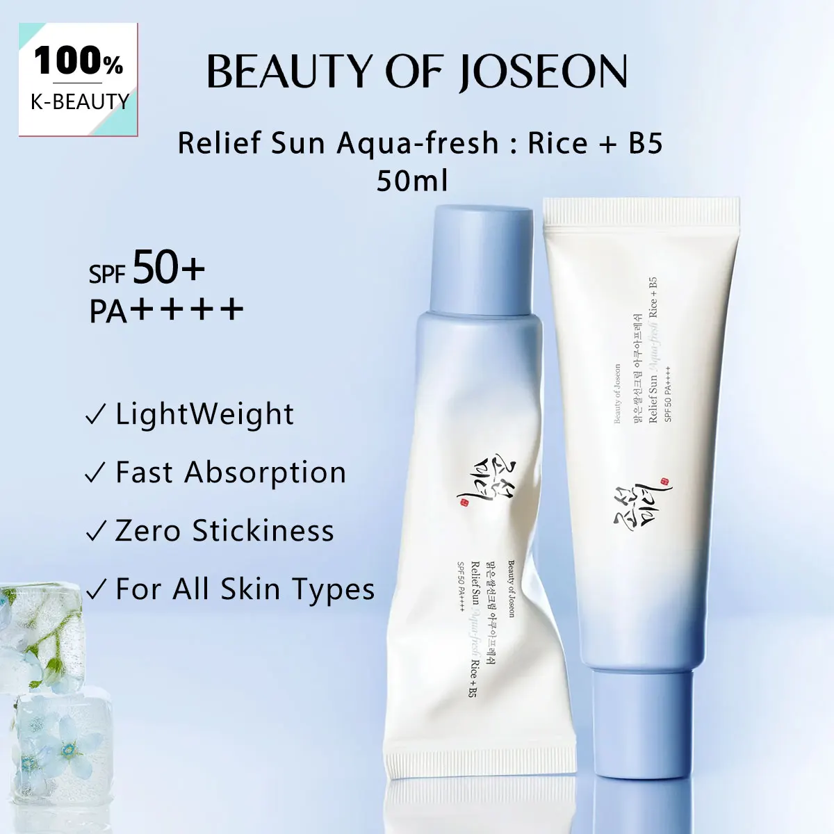 Beauty of Joseon Relief Sun Aqua-Fresh:Rice+B5 50ml,SPF50+ PA++++,Lightweight Fluid,Skin-Friendly,Korean Skincare,Korean Makeup