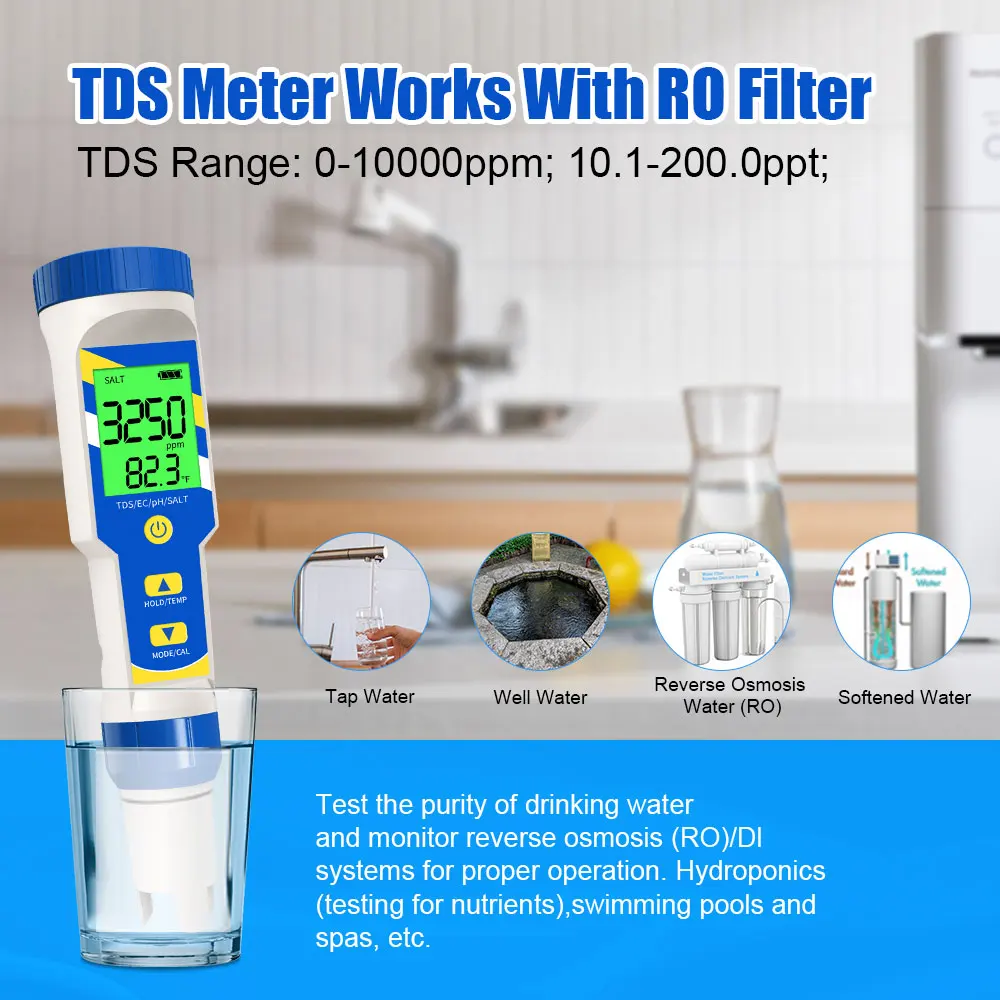 Digital Aquariums Meter Water Quality Monitor Tester 5 in 1 TDS/EC/PH/Salinity/Temperature Tester for Hydroponic Drinking Water