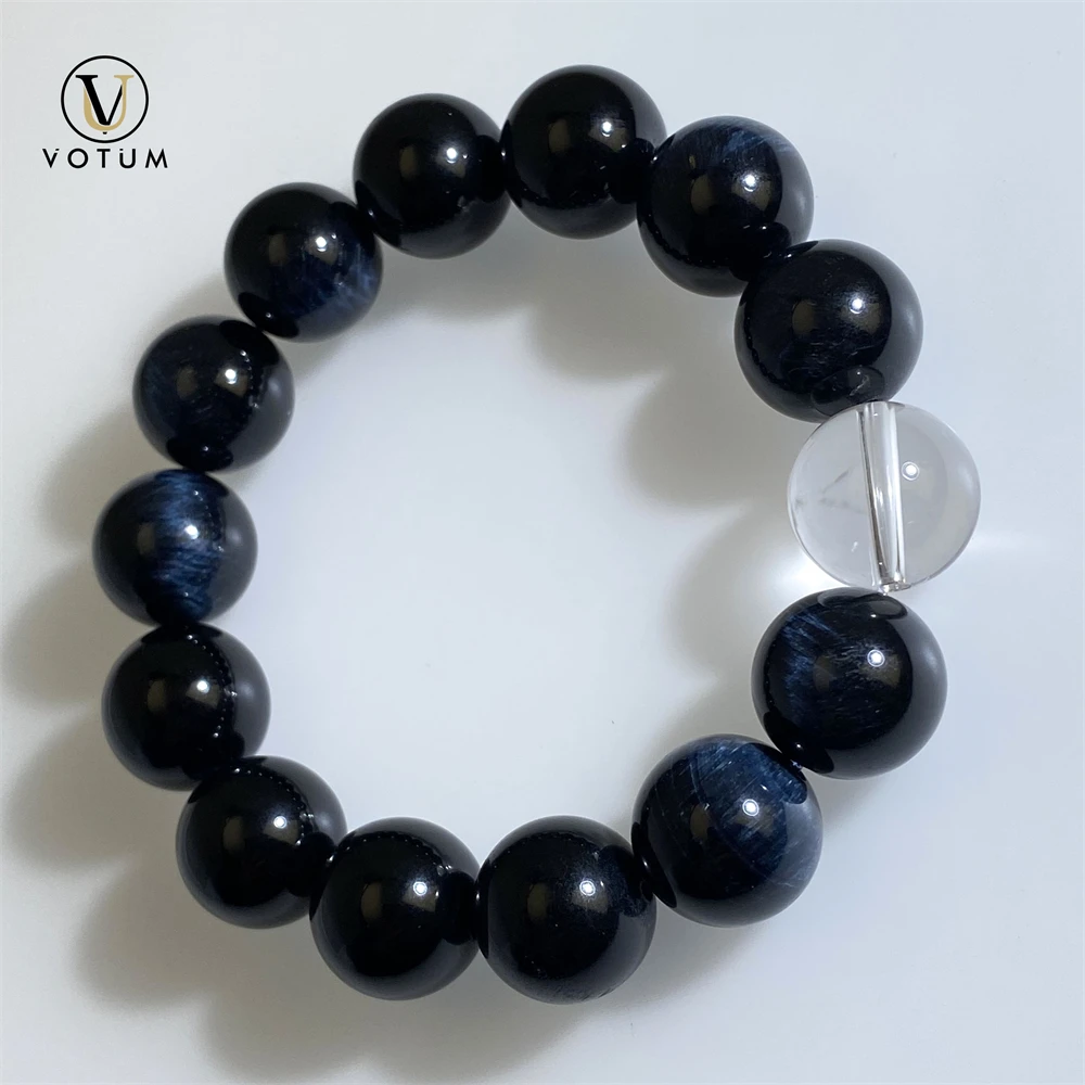 Votum Natural 14m Blue Tiger's Eye Bracelet for Men Clear Quartz Bracelets Gift for Dad Custom Protection Luck Beaded Jewelry