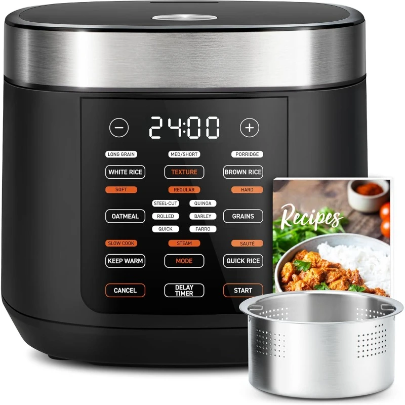 

Rice Cooker 10 Cup, 24h Keep Warm, 18 Functions Fuzzy Logic Rice Maker with Stainless Steel Steamer Basket, Sauté, Slow Cooker