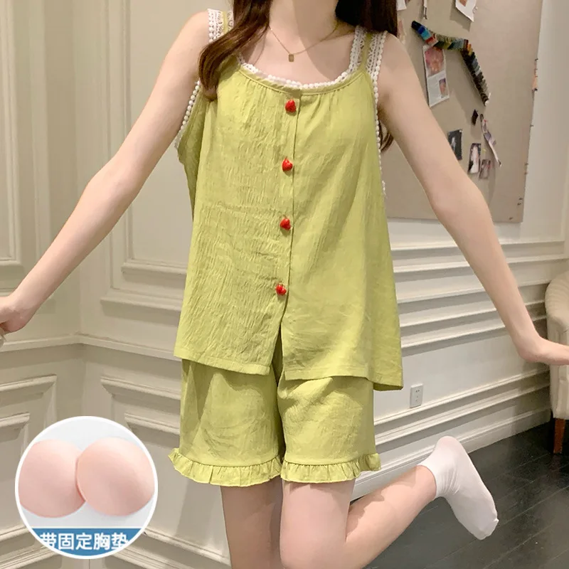 Women Summer Thin Sweet Pajamas Button Tank with Chest Pad Shorts 2 Piece Set Loose Homesuit Cloud Cotton Aesthetic Loungewear