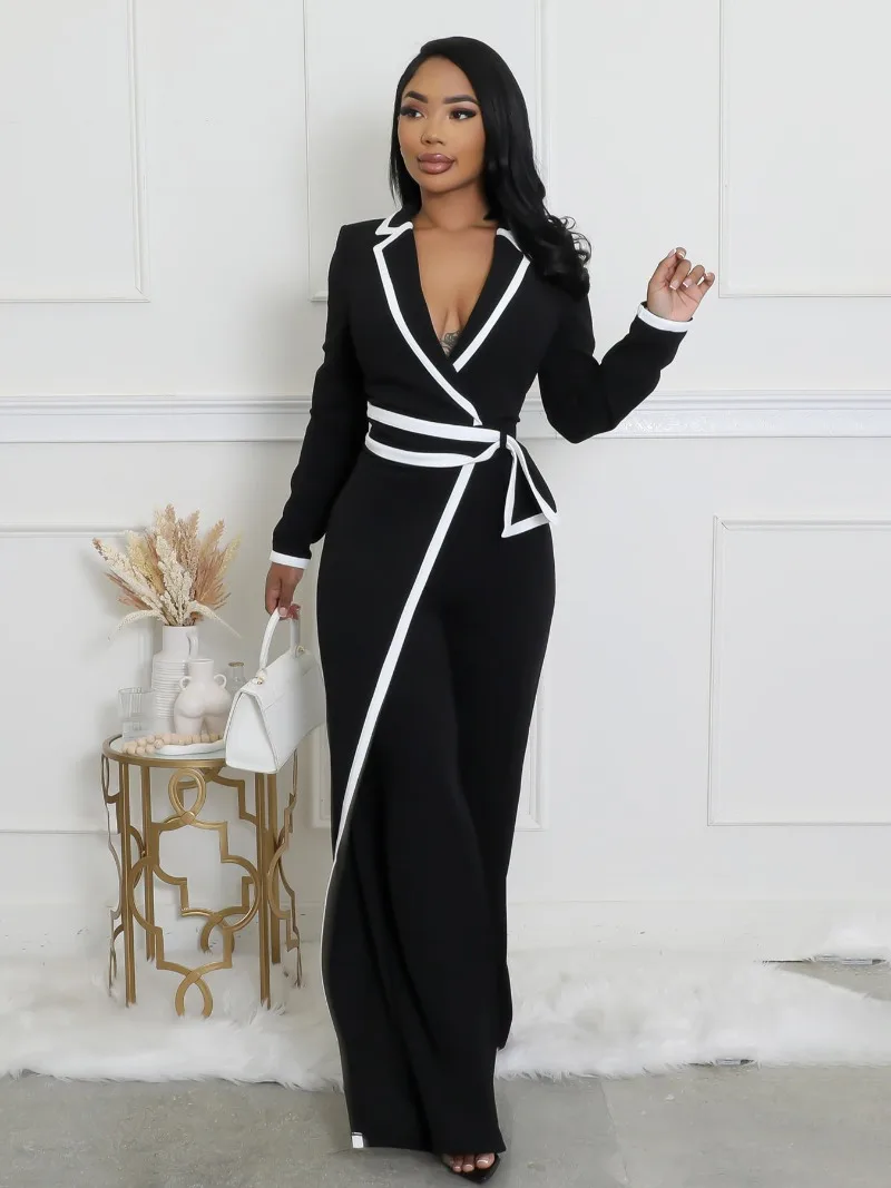 KEXU Contrast Color Work Wear Women Long Sleeve Notched Neck Wide Leg Blazer Jumpsuits Elegant OL One Piece Set Romper Playsuit