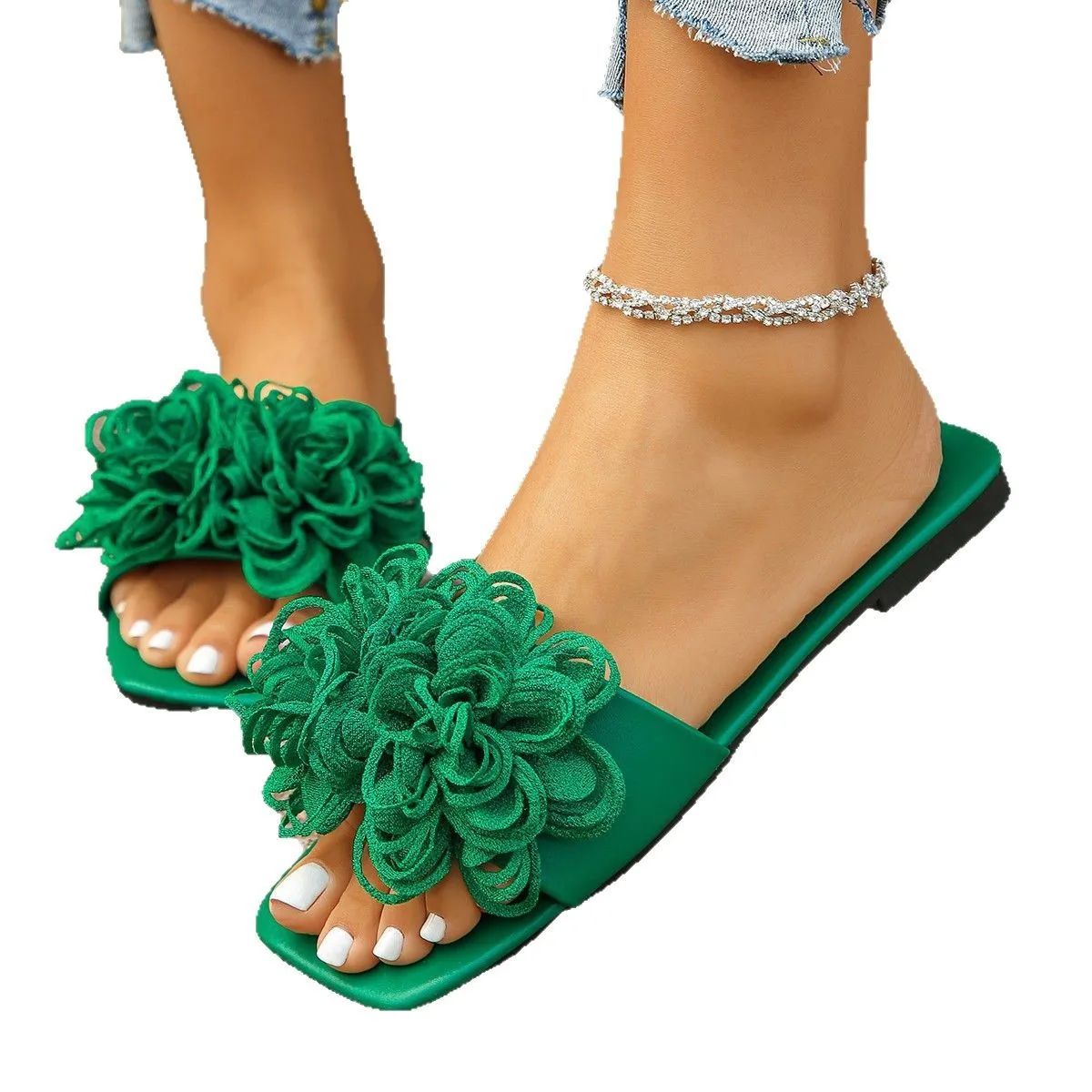 صنادل نسائية صيفية على شكل زهرة كروشيه شباشب بغل منقوشة بالزهور باللون الوردي والأزرق للسيدات لون قوس قزح للإجازات الخارجية حذاء مسطح سهل الارتداء