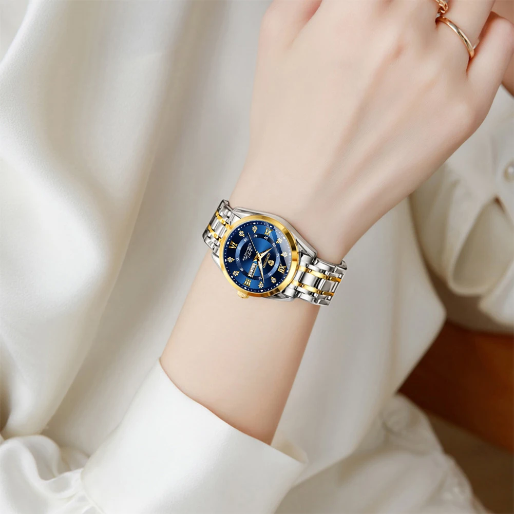 BINBOND Women's Watches B7169L Luxury Fashion Original Quartz Watch for Lady Waterproof Luminous Date Week Dual Calendar Trend