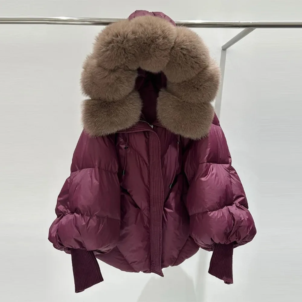 

Women White Duck Down Coat Real Fur Jacket Hooded Puffer Jacket Thicken Warm Knitted Sleeve Mid Long Parka New Winter Large