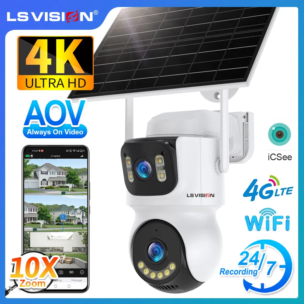 

LS VISION 4G SIM Solar Camera 24/7 Recording Outdoor WiFi Three Screen AOV 10X Digital Zoom Auto Tracking Security Cameras iCSee
