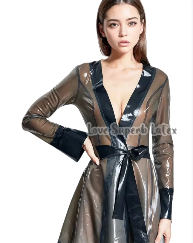 

latex eurocat transparent black latex dress long sleeves deep v neck flared skirt handmade rubber clubwear cosplay Halloween