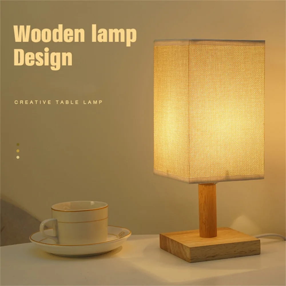 Simple 3W LED Table Lamp USB Powered Fabric Lampshade Desk Lamp Beige Square Fabric Linen Shade Table Lamp Bedside