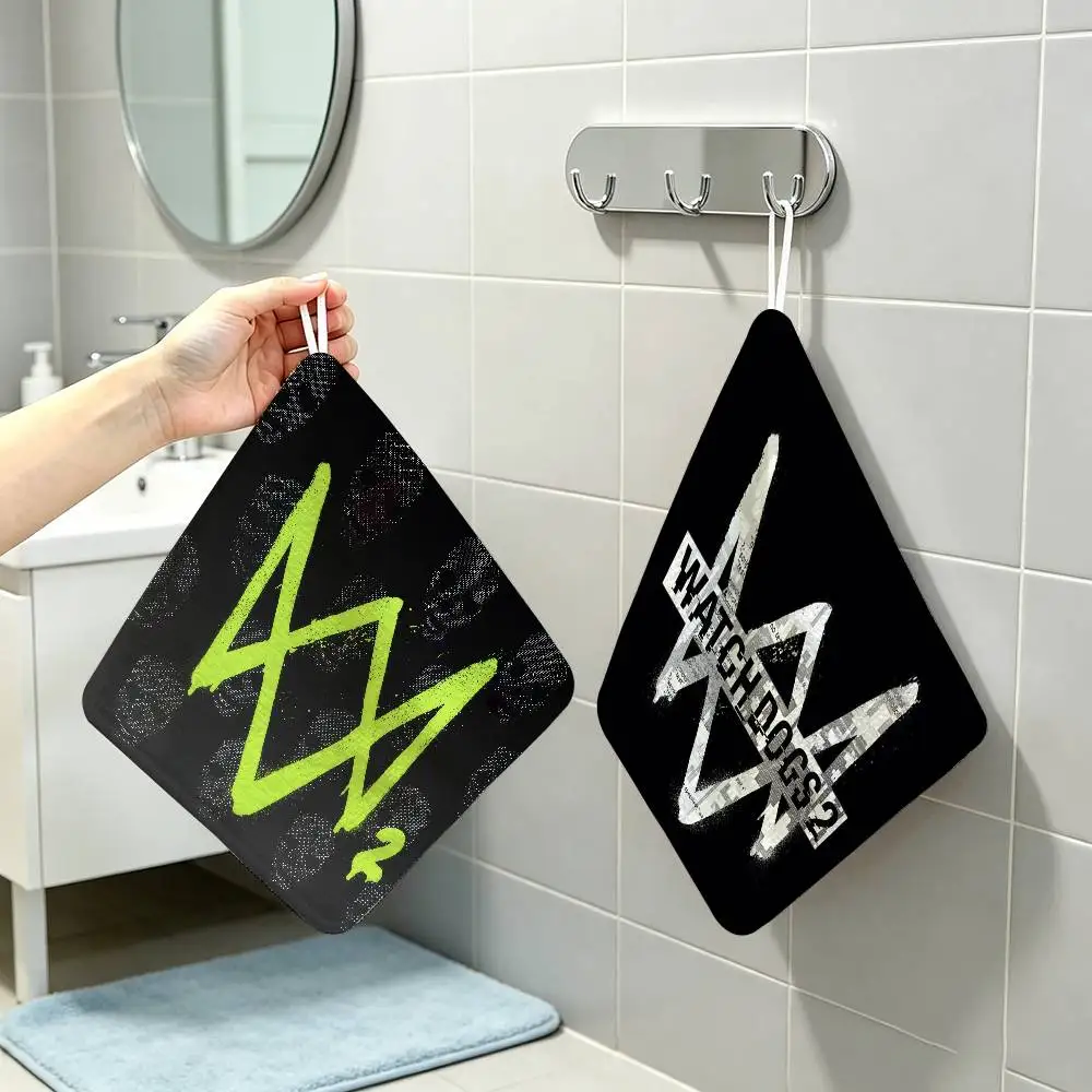 LOGO Watch Dogs Game   Hanging Style Hand Wiping Towel Polyester Cotton Anti-fade For Indoor Kitchen Living Room