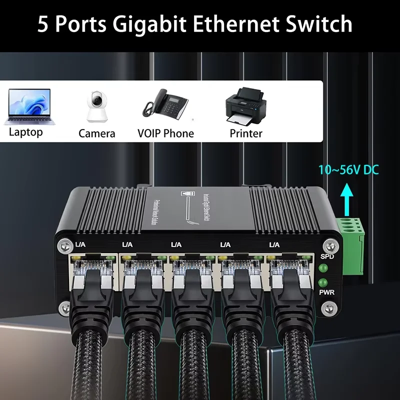 5-Port Unmanaged Industrial Gigabit Ethernet Switch, DIN Rail Mount, 10/100/1000Mbps RJ45, Aluminum Case Network Switch
