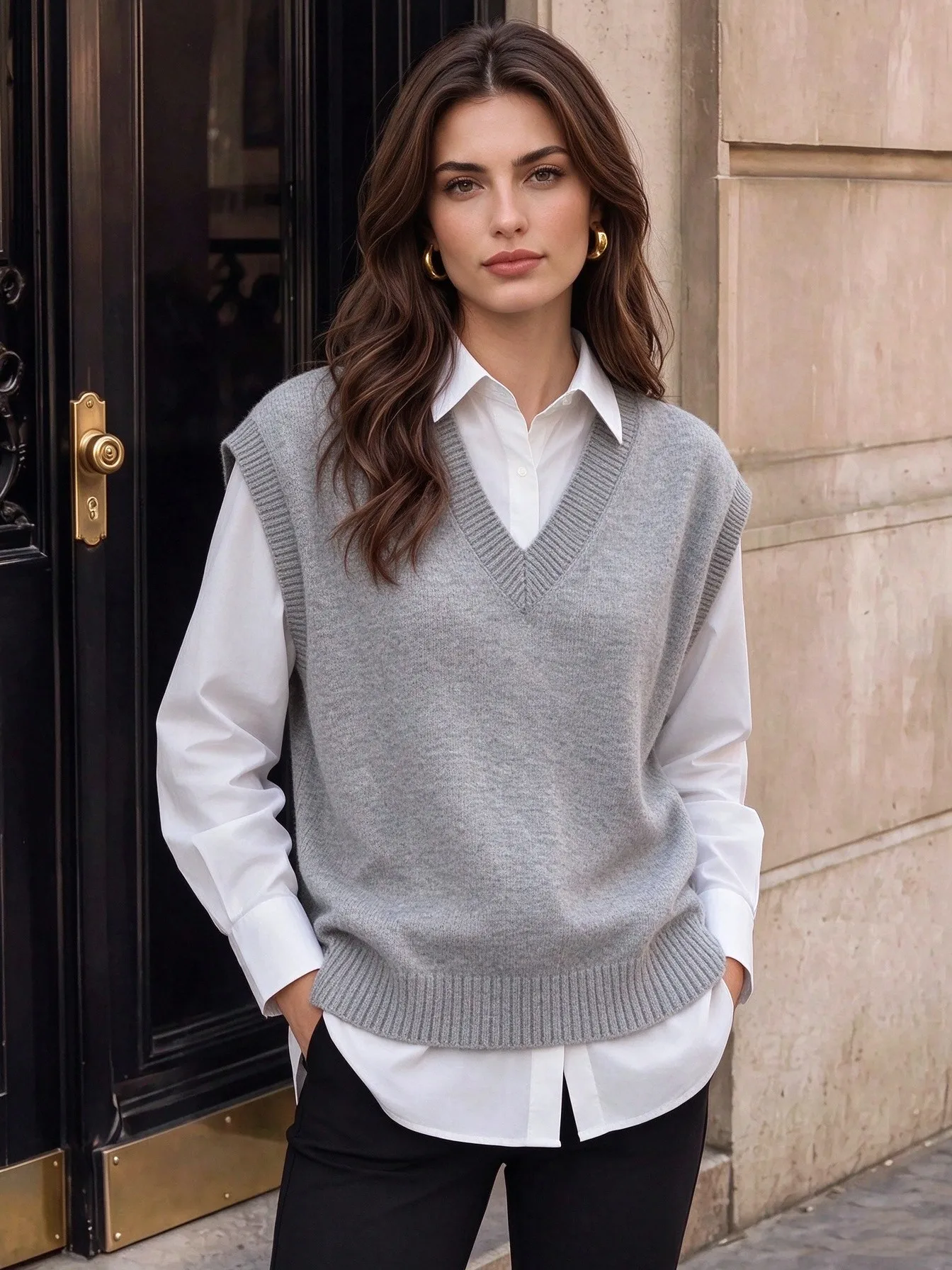 Solid Color Womens Korean Versatile Trendy Sweater Casual Loose Top V-Neck Sleeveless Knit Clothes Spring Autumn Minimalist Vest