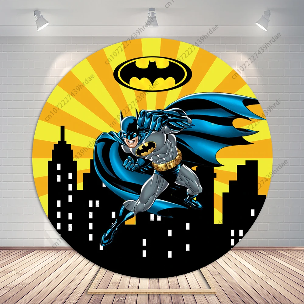 Round Backdrop Batman Theme Boy Children Birthday Party Background Super Bat Night Knight Cylinder Elastic Cover Decor Banner