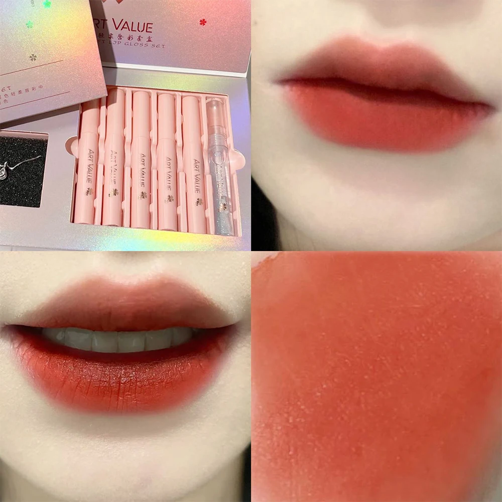 5 pezzi rossetto liquido opaco e balsamo per le labbra olio idratante lucidalabbra set trucco impermeabile primer tinta labbra cosmetici collana regalo