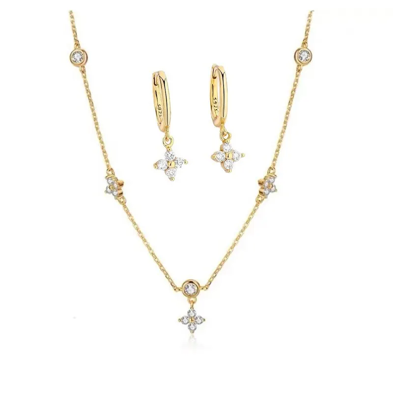 Inlaid Zircon Four-leaf Flower Necklace Earrings Jewelry Set for Women New Niche Light Luxury Hot Fashion Accessories