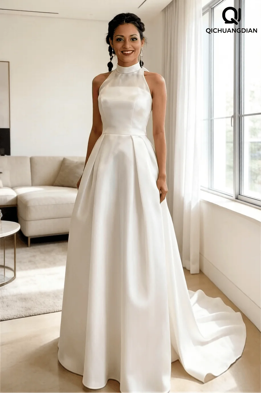 

Customized Simple A-Line Sleeveless Sweep Train Floor-Length Evening Dresses Wedding vestidos de novia robe de mariée For Women