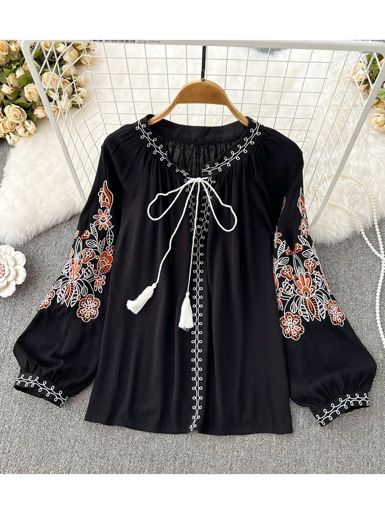 Women Spring Autumn Blouse Ethnic Retro Round Neck Embroidered Tassel Loose Tie Cotton and Linen Shirt Casual Doll Shirt D2763