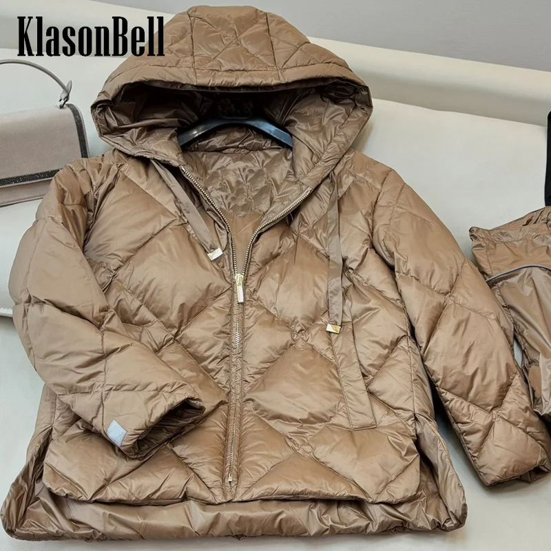 8.29 KlasonBell Women High Quality White Goose Down Short Jacket Quilted Argyle Plaid Hooded Side Split Loose Down Outerwear