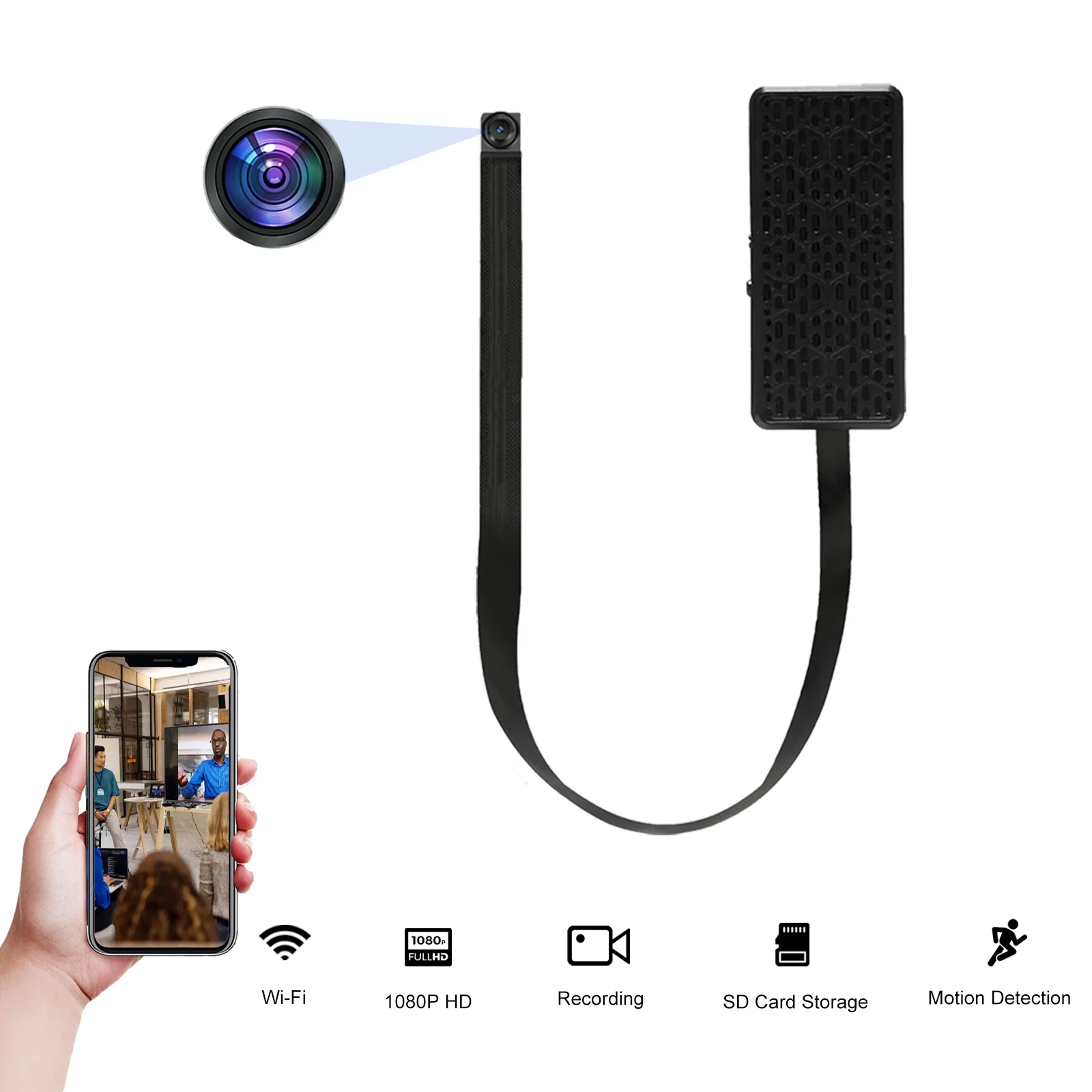 Mini Cámara WiFi con Visión Remota, Detección de Movimiento, Grabación, Almacenamiento en Tarjeta SD, Control por Aplicación para Seguridad en el Hogar y la Oficina