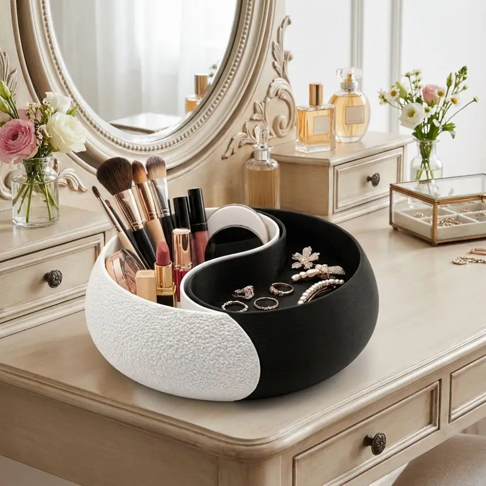3D Printed Black and White Storage Bowl Flat Bottom Yin and Yang Storage Tray Layered Design Smooth Jewelry Tray Dressing Table