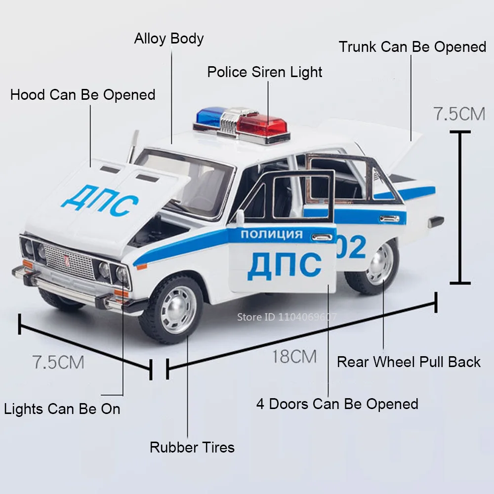 1:24 Lada Police Car Model Toys Alloy Diecast Mini Cars 6 Doors Opened Pull Back Sound Light Ornament Vehicles Children Presents