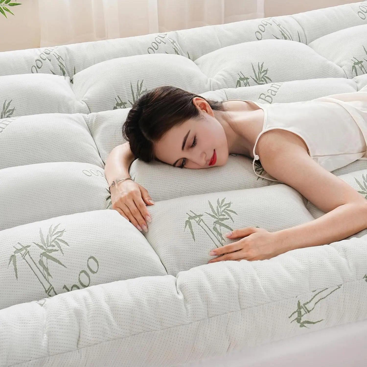 

Cooling Memory Foam Mattress Topper for Back Pain Relief, Breathable Bamboo Layer, Deep Pocket Fits 8-21 Inch