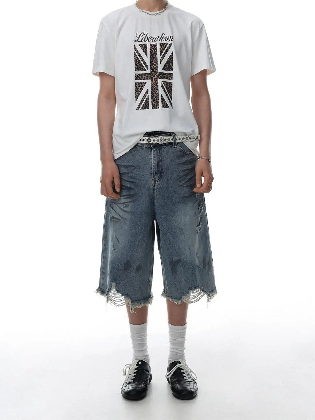 Shorts Jeans Americanos Estilo Streetwear Desgastados Unissex Verão Soltos Casuais Perna Larga Sete Décimos