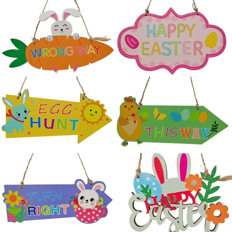 

Wooden Easter Cartoon Pendants Hanger Spring Carrots Rabbit Chick Door Sign Ornaments Happy Easter Party Decor For Home