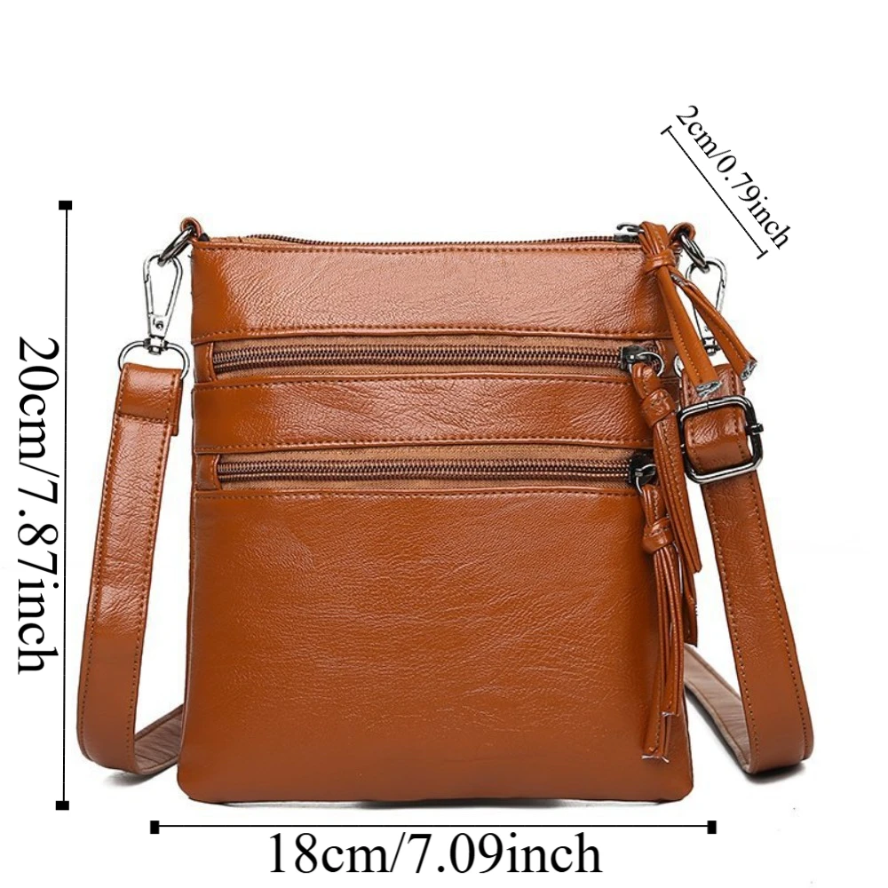 Bolsa para celular com zíper, couro macio, 3 camadas, bolsa de ombro único, grande capacidade, couro pu, bolsa mensageiro para mulheres, compras