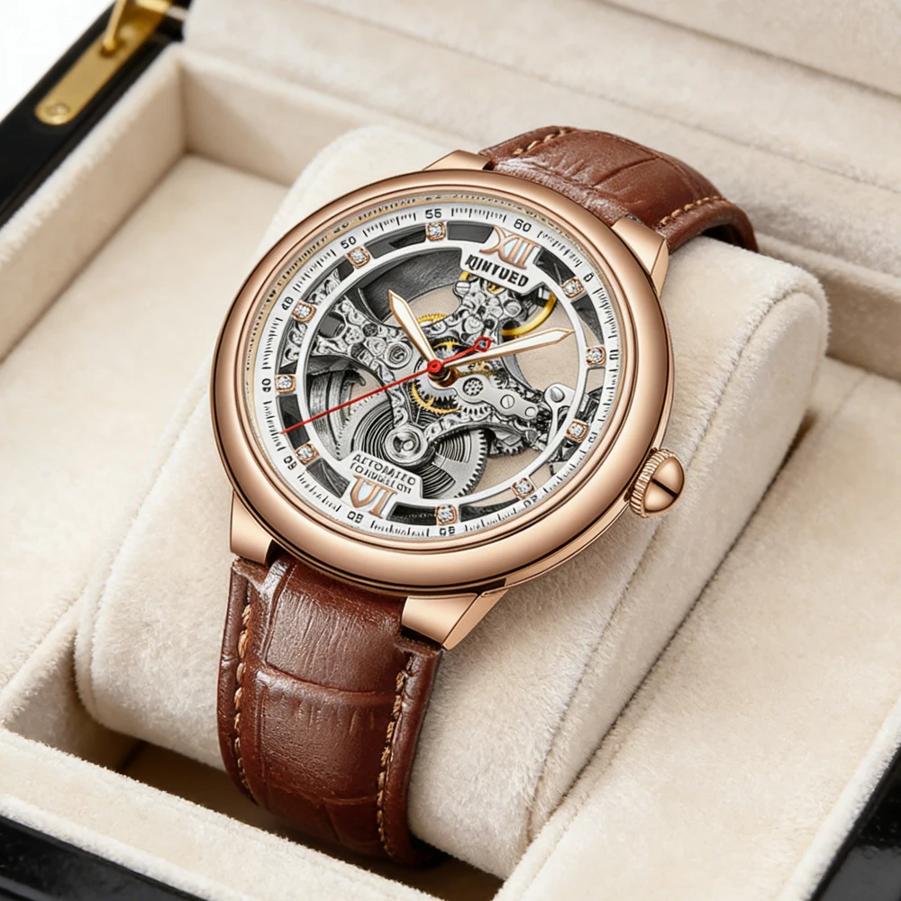 

Новые модные прозрачные механические часы-скелетоны для мужчин, люксовые кожаные водонепроницаемые автоматические часы с полым циферблатом от ведущего бренда