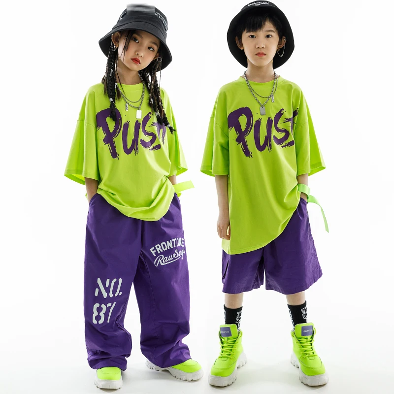 Children's Day Street Dance Fashion Outfit Girls Green Tops Pants Loose Short Sleeves Boys Jazz Drum Performance Wear BL10491