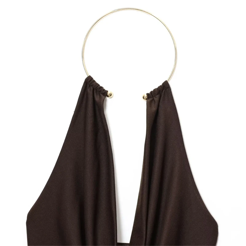HXAO Halter Neck Bodysuits Sexy Summer Off Shoulder Bodysuit Women Brown Top Ruched Ring Backless Thong Bodysuit Woman One Piece image 4