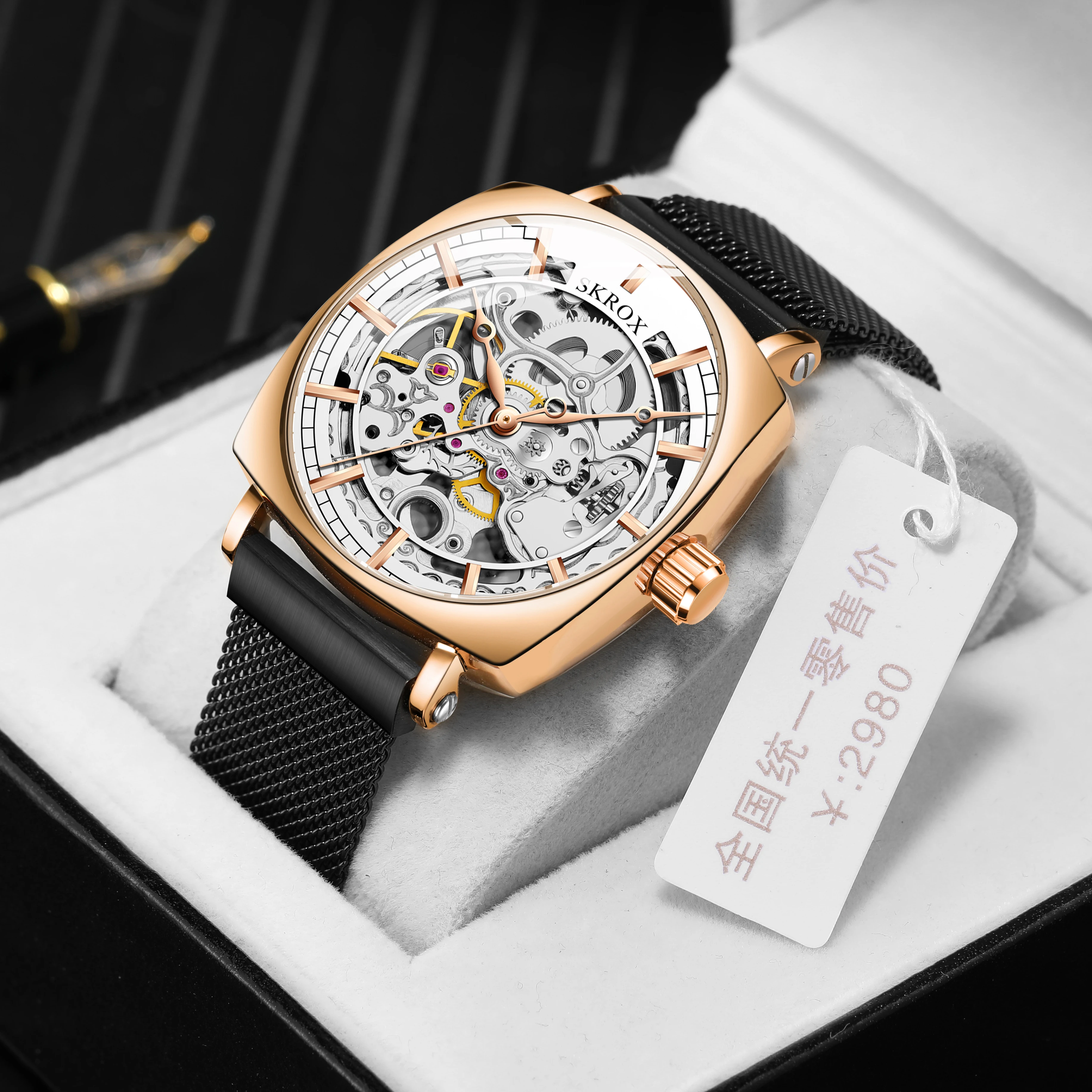 SKROX Square Elegant Skeleton Automatic Movement Man Watch Mechanical Wrist Watches Original Brand Luxury Clockwork reloj hombre