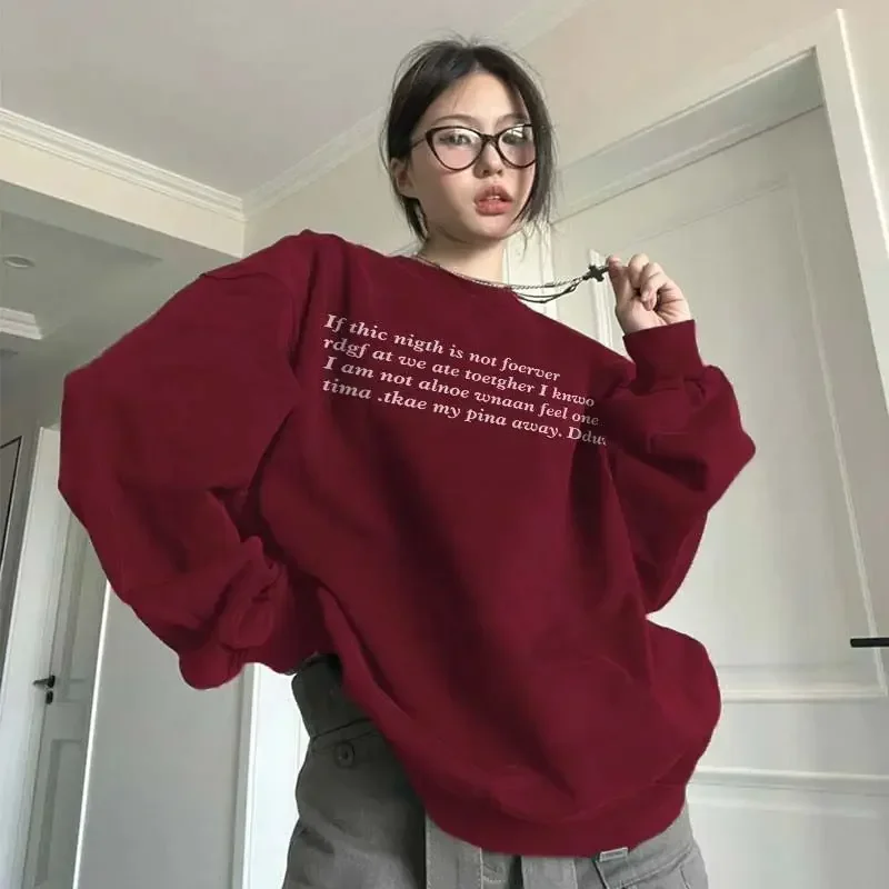 O Neck Harajuku High Street Sudadera Mujer Wine Red Letter Print Vintage Y2k American Chic Hoodies Women Loose Hiphop Sweatshirt