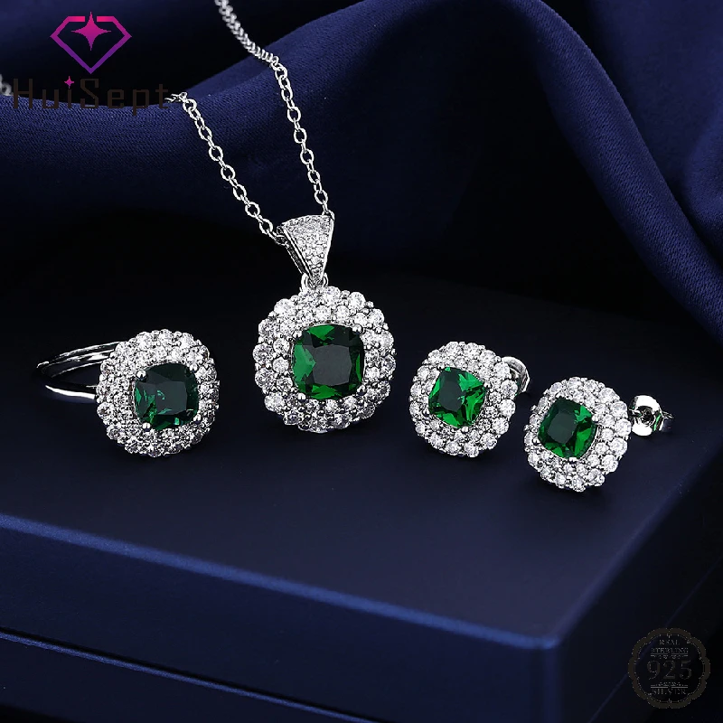 

HuiSept Luxury Jewelry Sets Ring Earrings Necklace with Emerald Zircon 925 Silver Jewelry Ornament for Women Wedding Party Gift