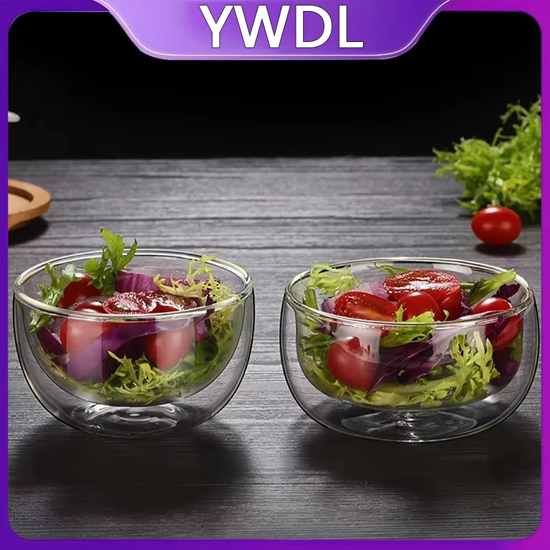 YWDL-Tigela de vidro transparente de camada dupla, saladeira de frutas resistente ao calor, copos de cozinha para sopa, cereais, tigelas de sobremesa, 300 ml, 500ml
