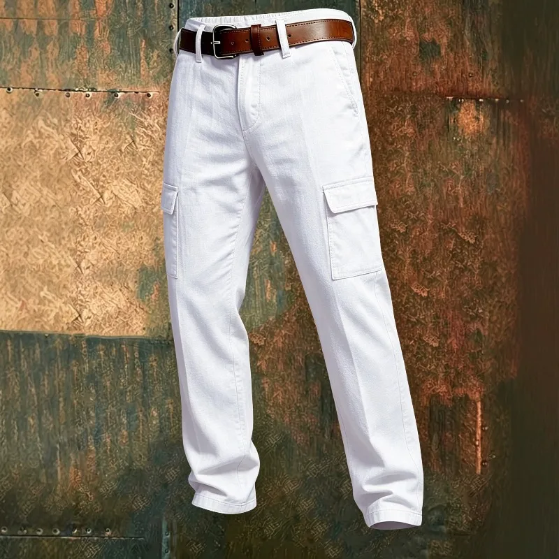 Spring and Autumn Cotton and Linen Men's Trousers European and American Casual Multi-pocket Solid Color Loose Overalls Men