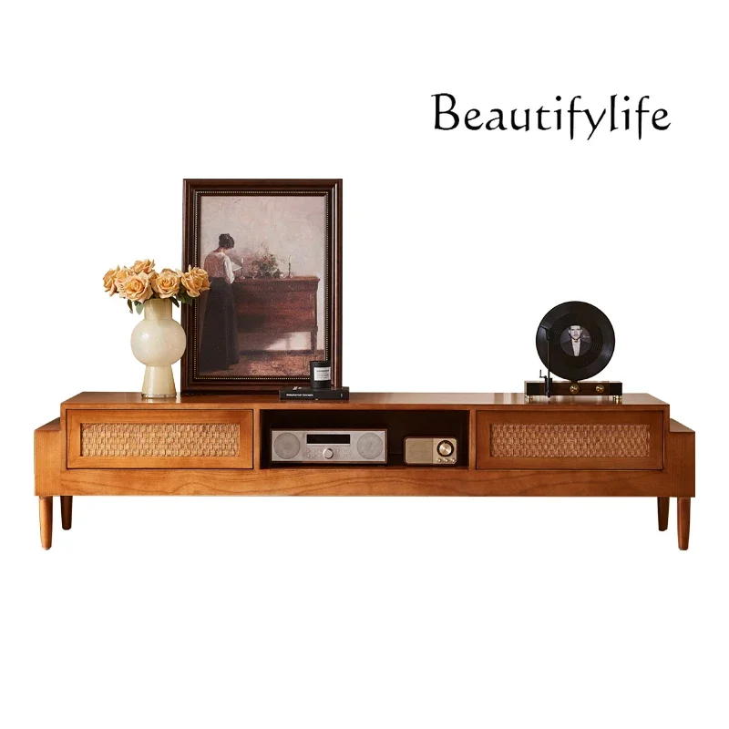 

Solid wood rattan TV cabinet living room household simple small apartment audio-visual cabinet