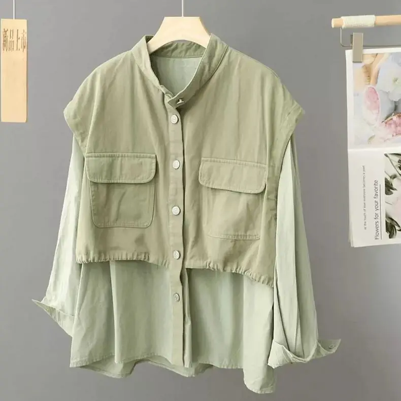 

Design sense splicing vest shirt jacket women's 2025 spring loose and thin high sense niche fake two-piece top