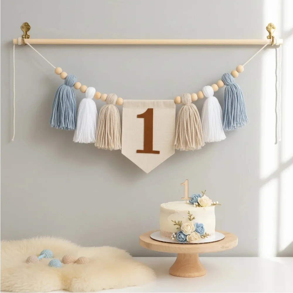 1Pcs 1st Birthday High Chair Banner Handmade Boho Yarn Tassel Banner for Kids First Birthday Party Decoration Supplies