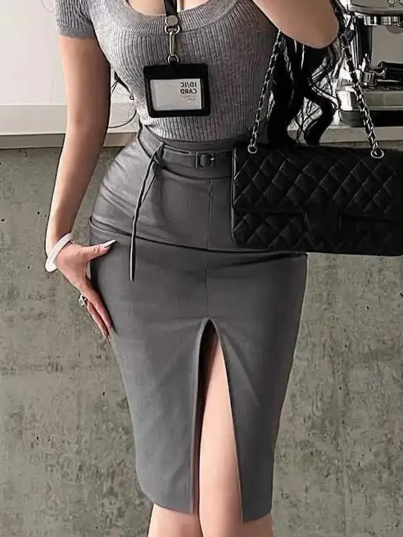 Korean Style Pure Desire Sexy OL High Waist Slimming Slit Mid Length Skirt Waist Belt Included Mini Skirts Korean Women UXI8