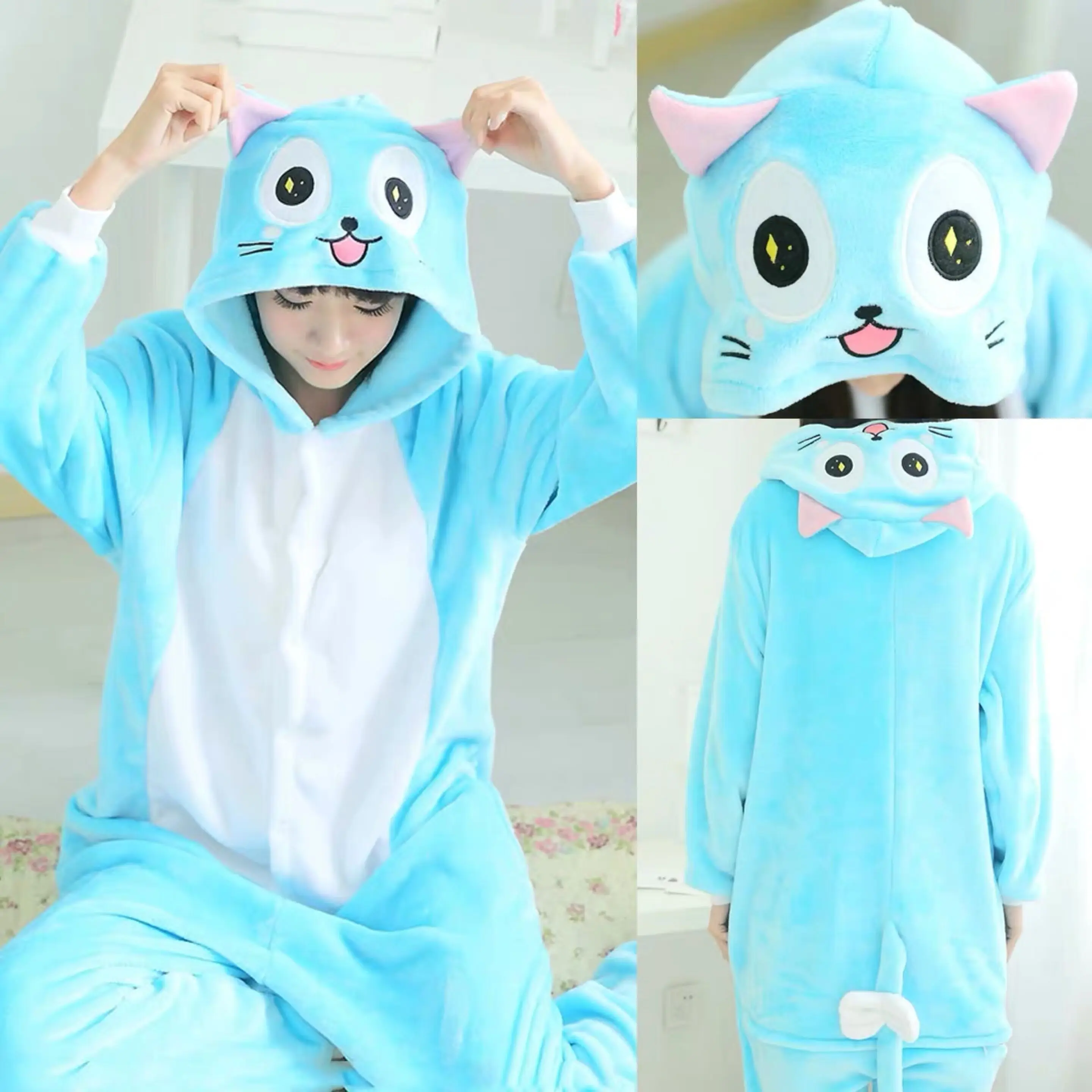 

HKSNG Winter Adult Cartoon Animal Kigurumi Happy Cat Onesies Blue pajamas Flannel Halloween Cosplay Costume Jumpsuit