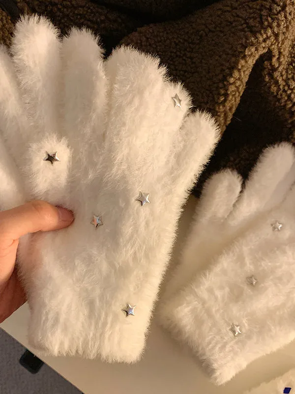 Soft Plush Star Fingerless Gloves Women Winter 2025 New Cute Versatile Warm Student Touchscreen Compatible Thickened Handwear